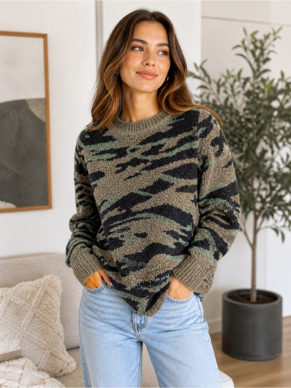 Barefoot Dreams CozyChic Seaside Crewneck Pullover in a green camo print 1X